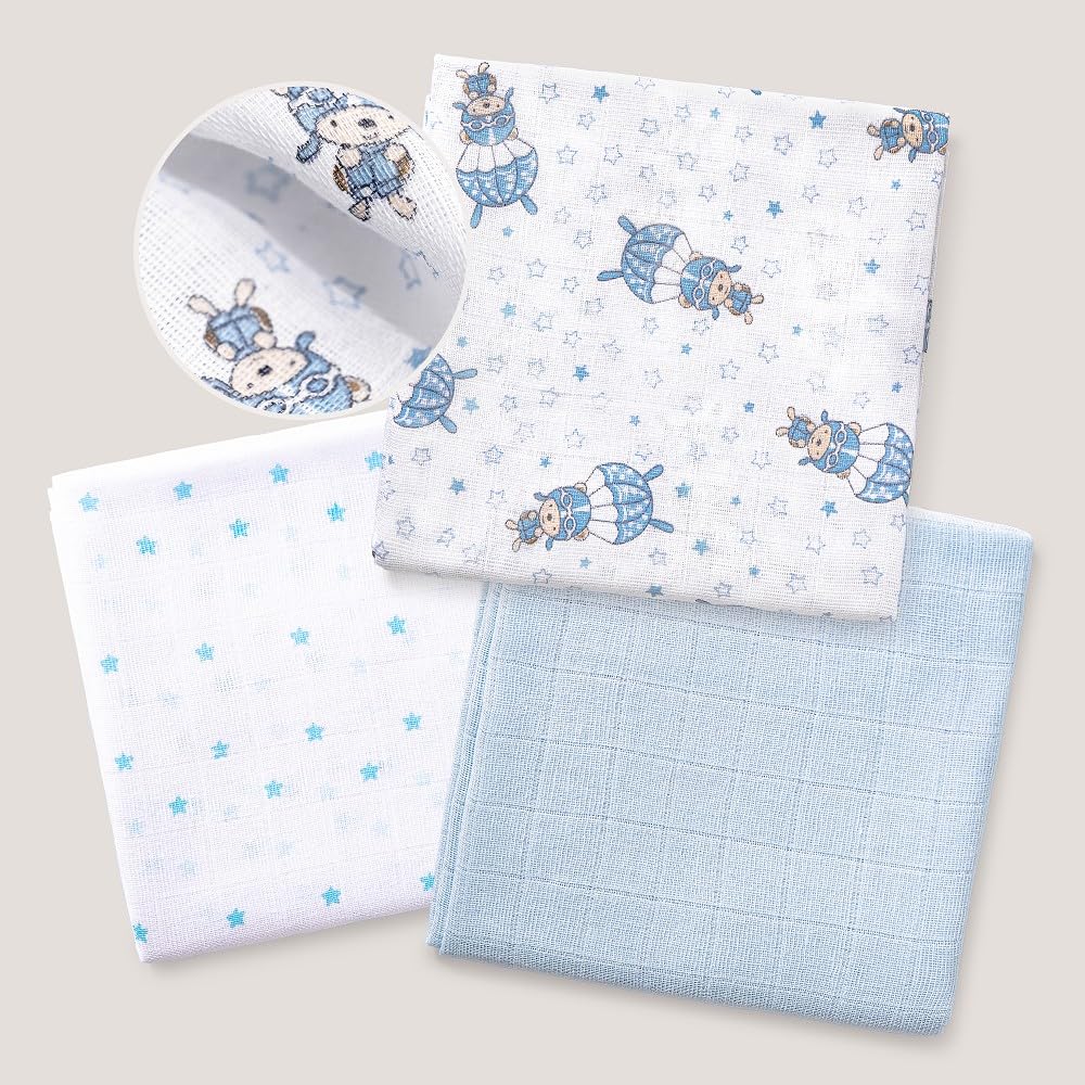 Interbaby 3-osaline musliinlappide komplekt, sinine, 80 × 80 cm