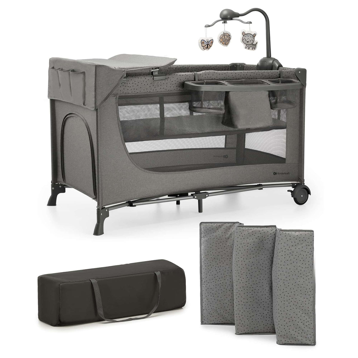 Kinderkraft JOY 2 gray travel cot with accessories, up to 25 kg