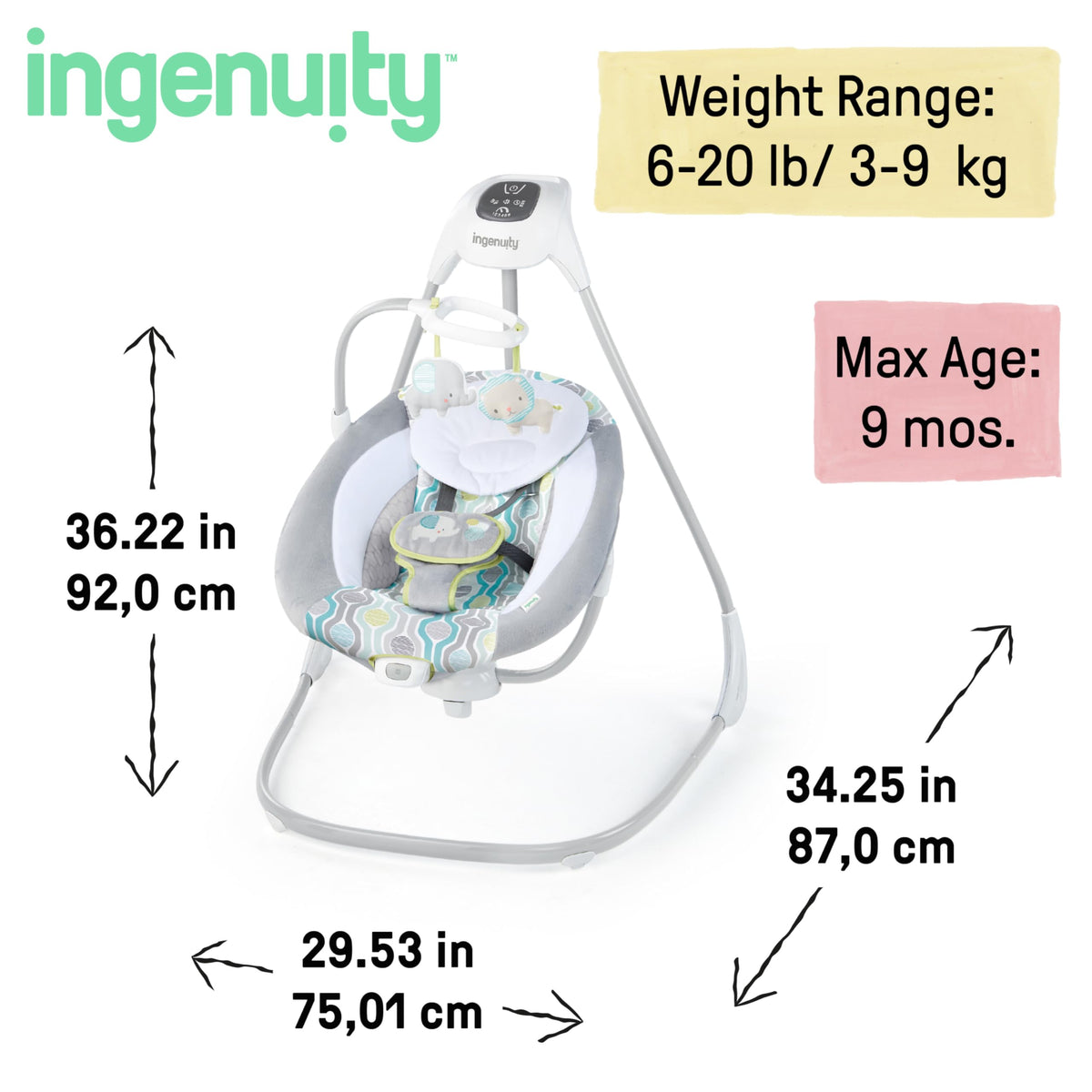 Ingenuity SimpleComfort electric baby swing, 6-speed, music and vibration, Everston