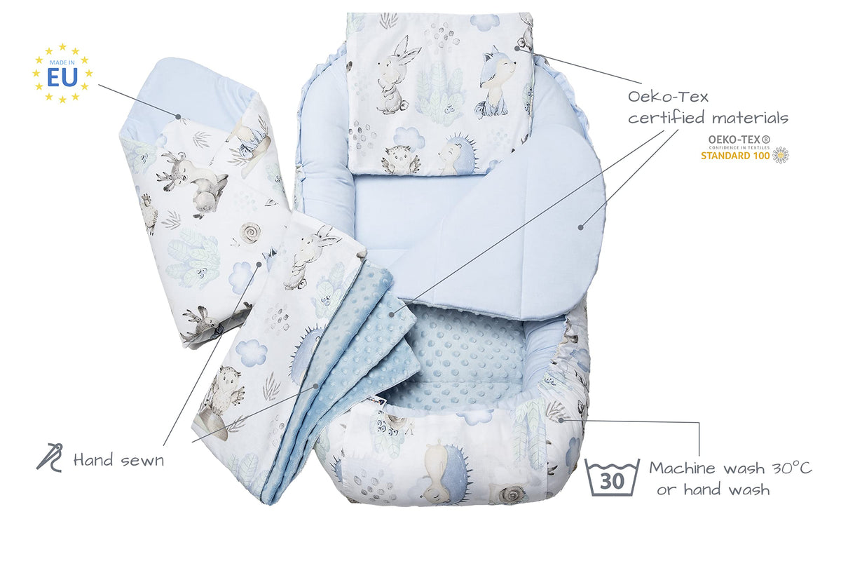 Medi Partners beebipesa 5-osaline komplekt, 100×60×15 cm – hirved ja siilid, sinise plüüsiga