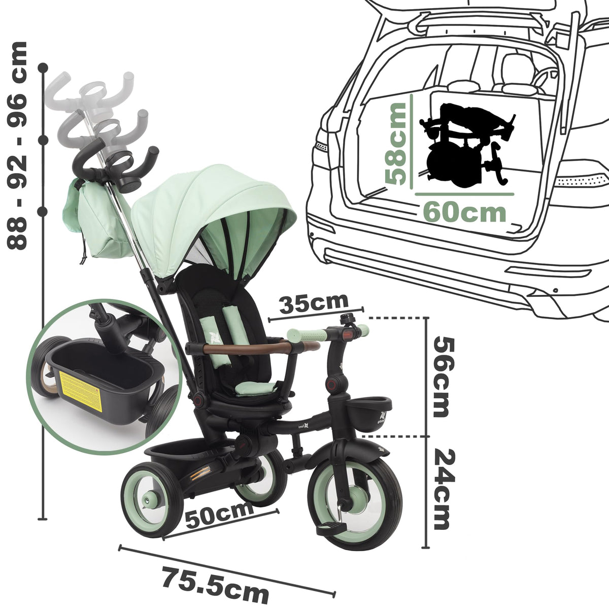 Twinly SAMI three-wheeled bike for children, swivel seat and foldable frame