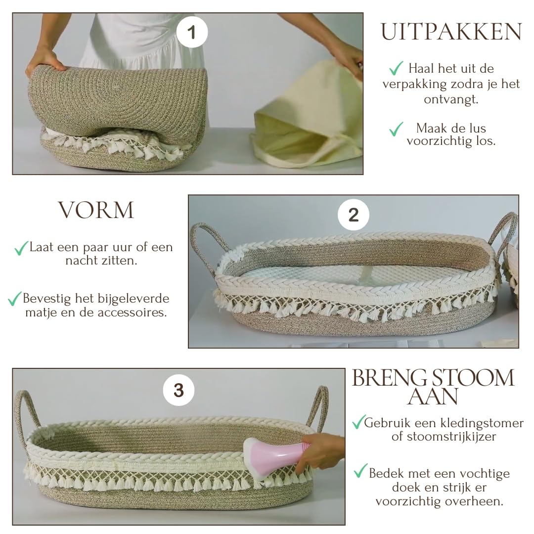 SEBRAM Luxe changing mat and baby basket with extra travel mattress, foam mattress and waterproof cover, cotton rope (beige)