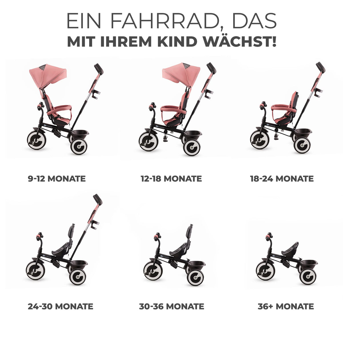 Kinderkraft ASTON kolmerattaline jalgratas, pööratava istmega, roosa, alates 9 kuust kuni 25 kg