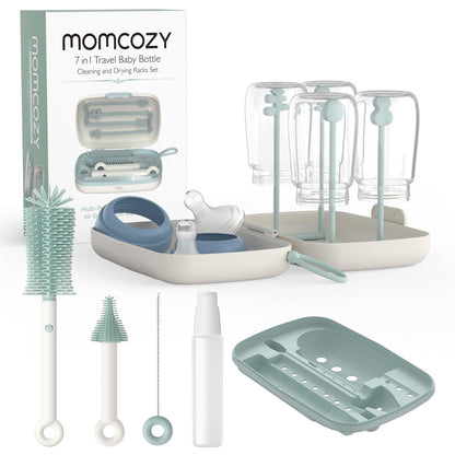 Momcozy 7-in-1 baby bottle cleaning set with silicone brushes and drying rack, green
