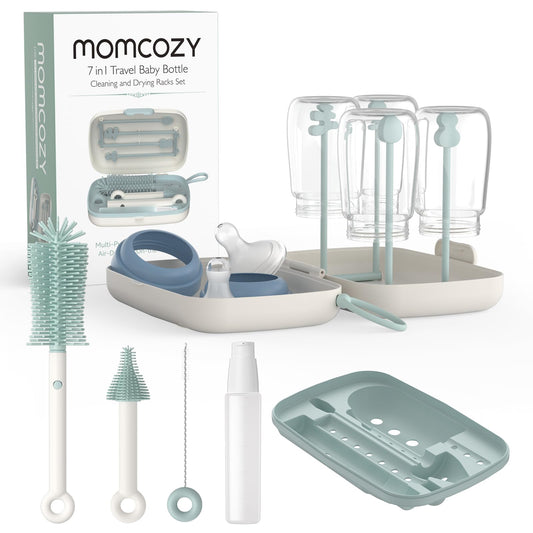 Momcozy 7-in-1 baby bottle cleaning set with silicone brushes and drying rack, green