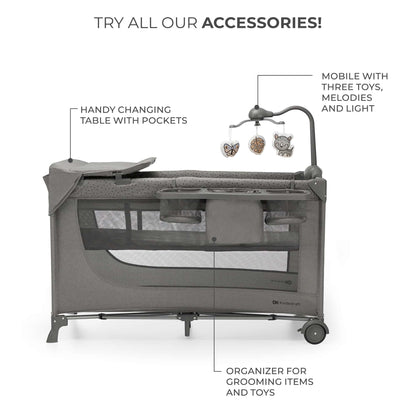 Kinderkraft JOY 2 gray travel cot with accessories, up to 25 kg