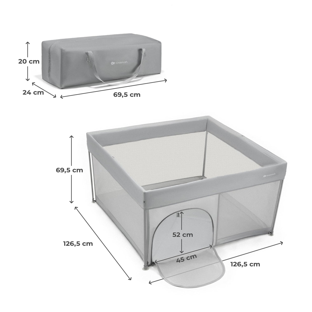 Kinderkraft ZIKI kokkupandav mänguaedik kandekotiga, hall (Grey), 126,5 × 126,5 cm