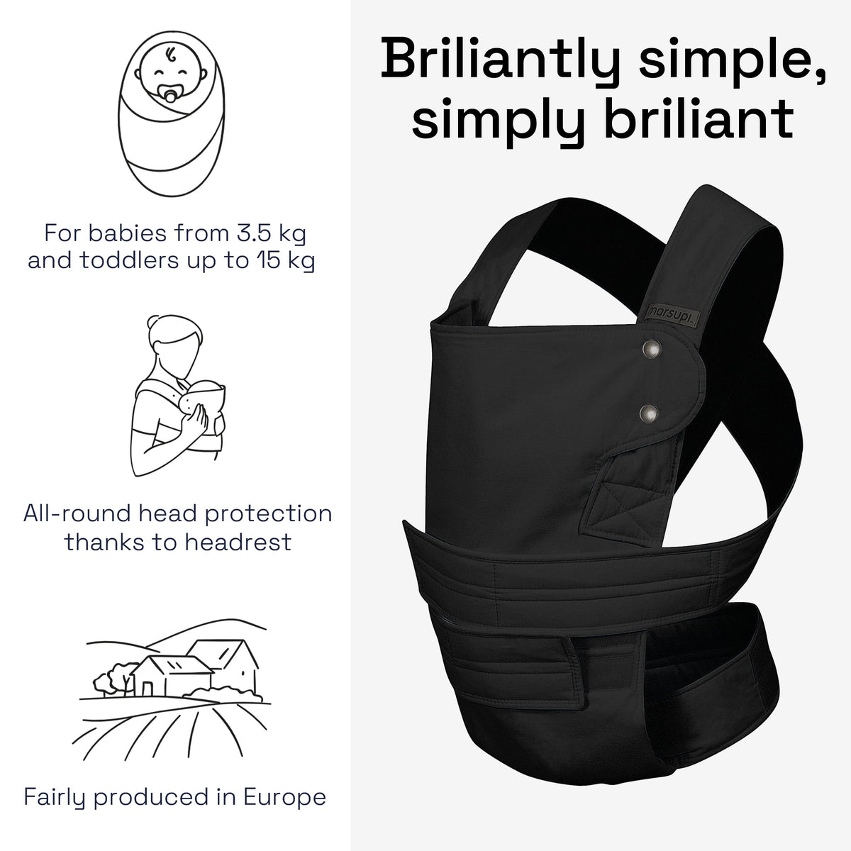 Marsupi 2.0 beebikandekott vastsündinule, kuni 15 kg, kerge ja kompaktne, takjakinnitusega, must S/M