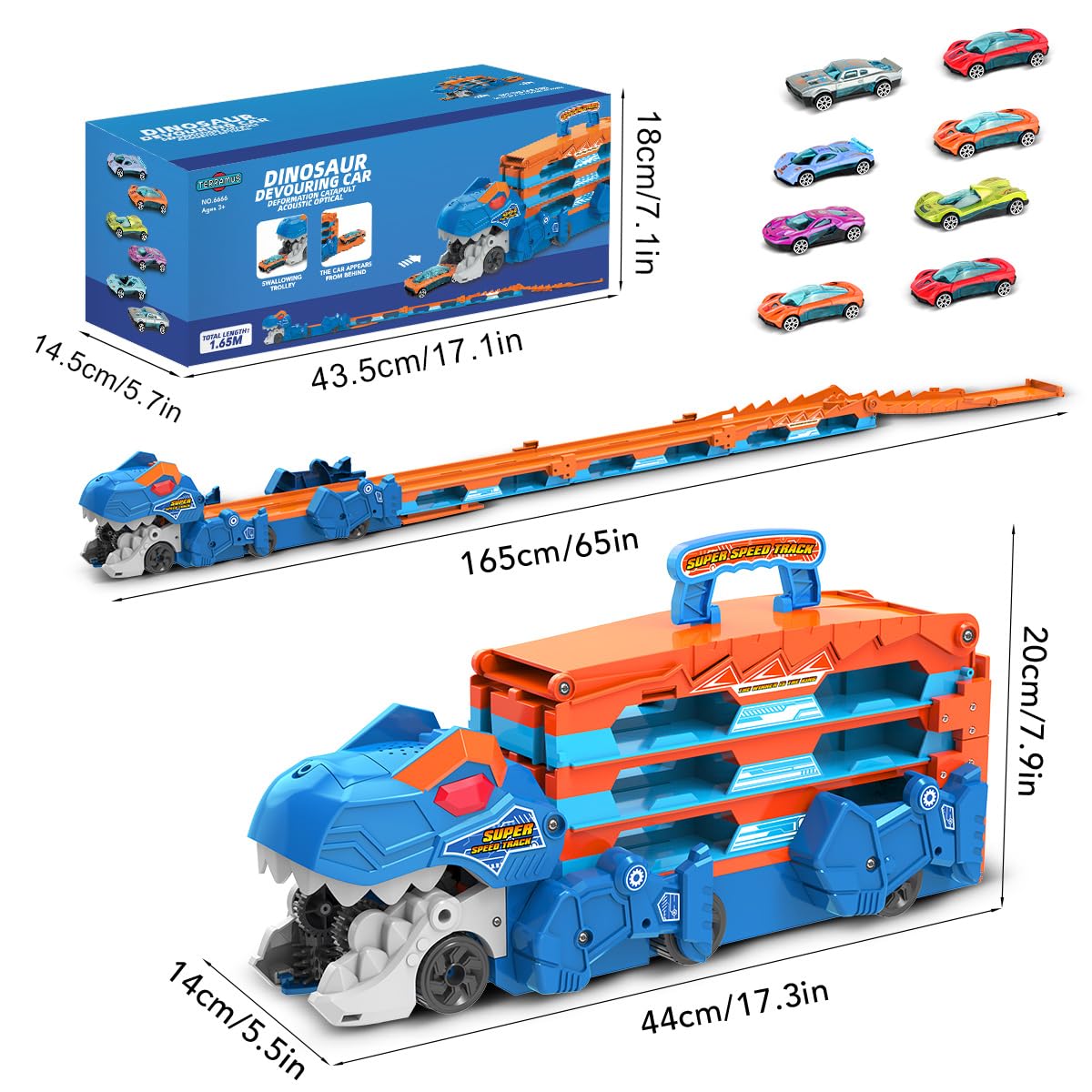 3-in-1 Dinosauruseteemaline transpordiveok ja rallirada 8 mudelautoga