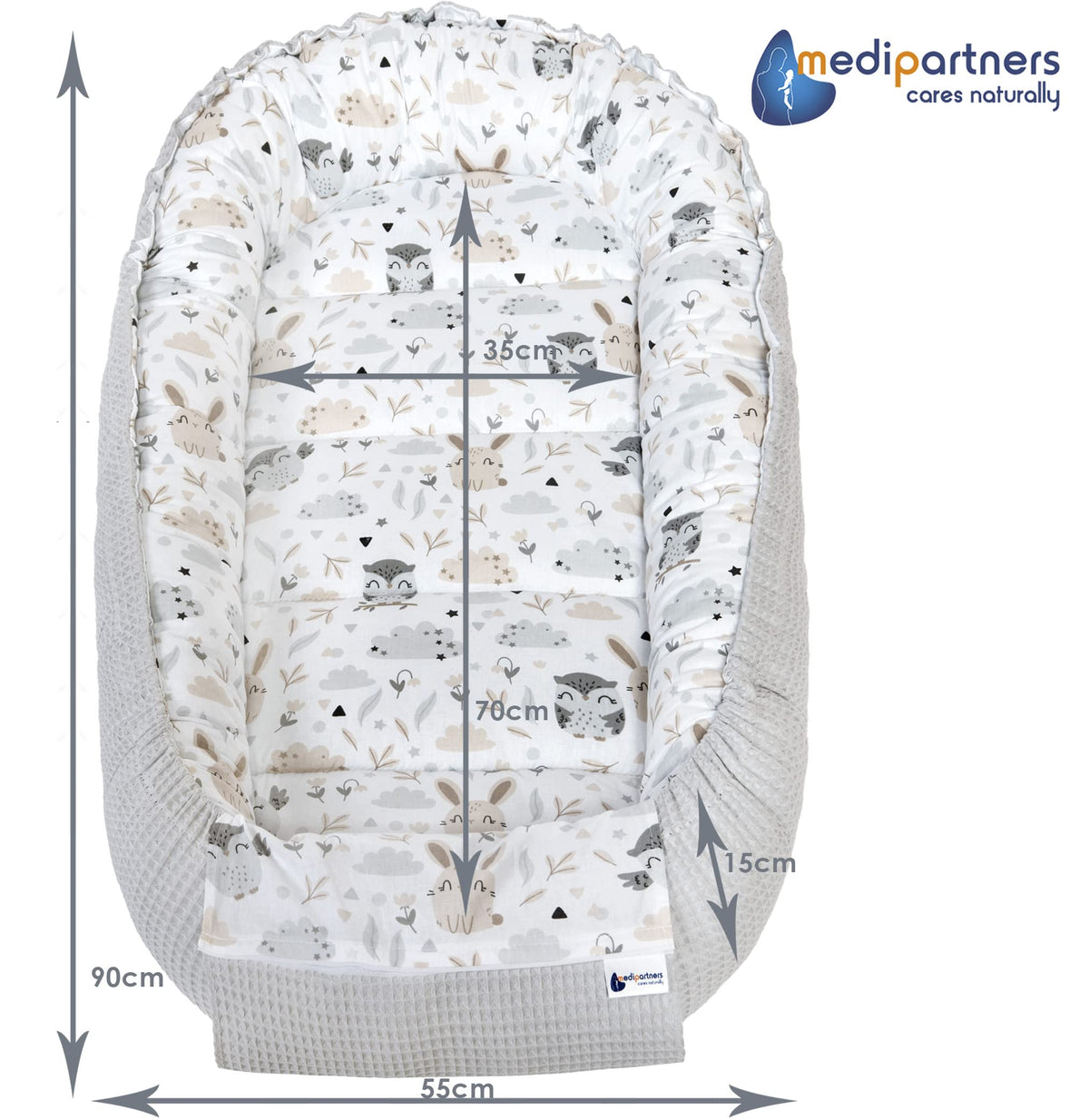 Medi Partners baby nest cocoon, 100×60×15 cm, reversible, cotton Waffle, grey