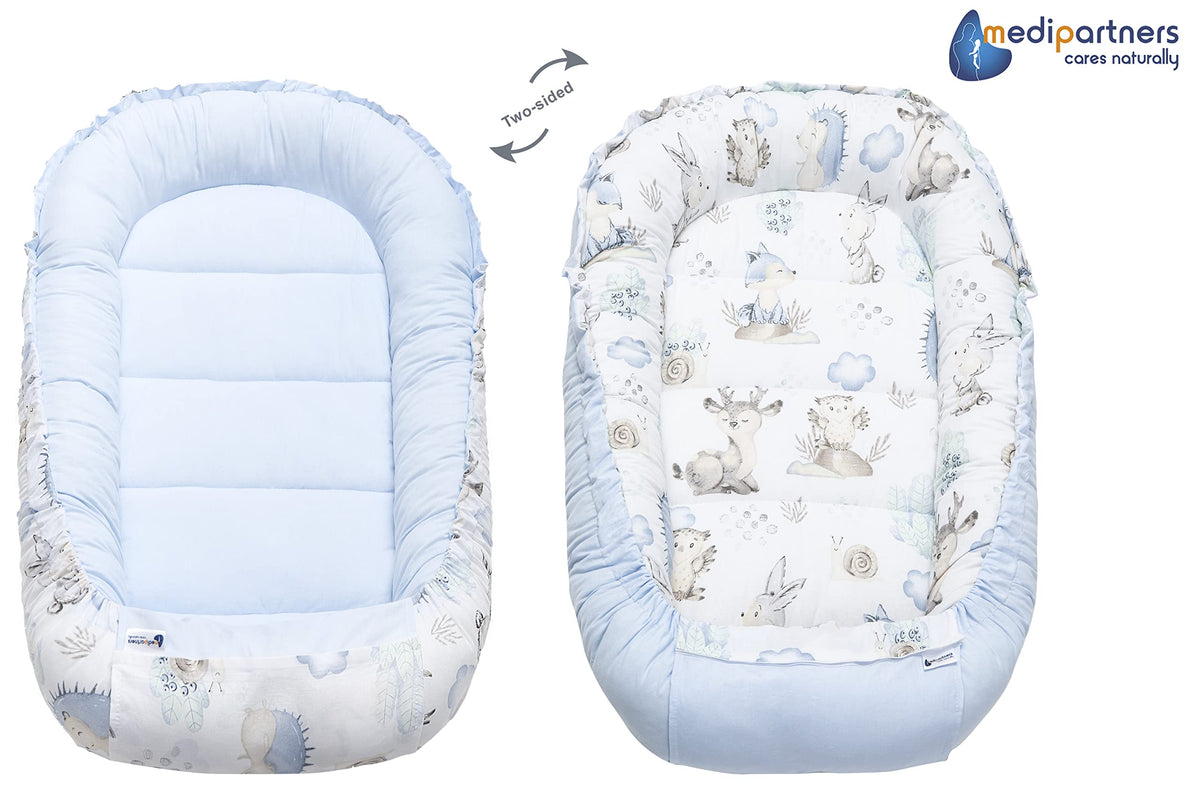 Medi Partners beebipesa 5-osaline komplekt, 100×60×15 cm – hirved ja siilid, sinise plüüsiga