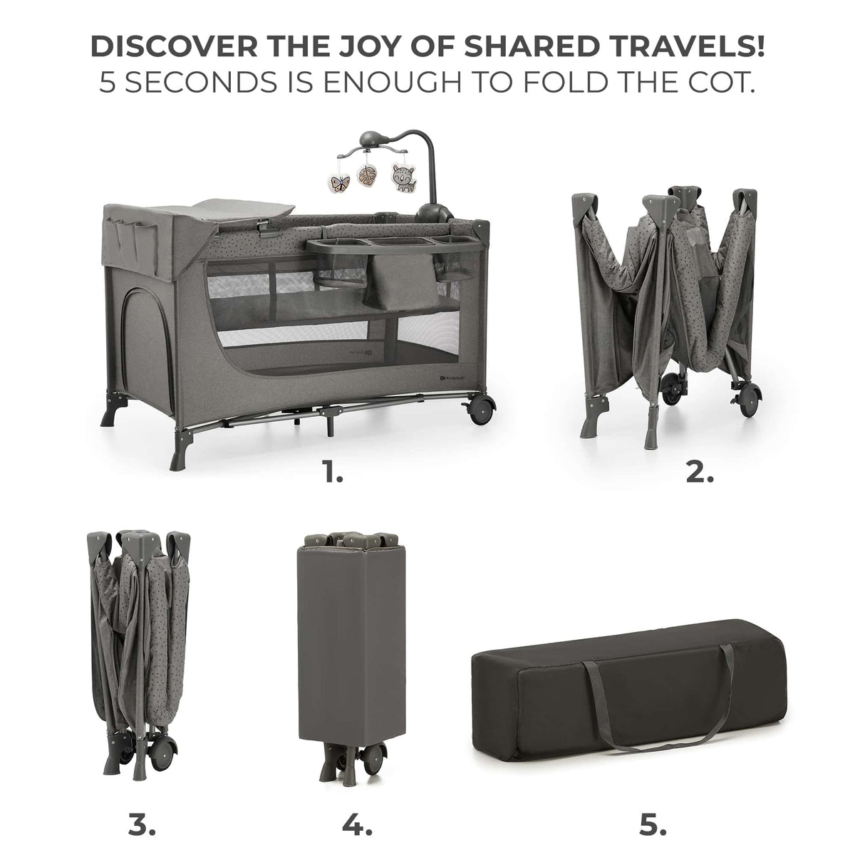 Kinderkraft JOY 2 gray travel cot with accessories, up to 25 kg