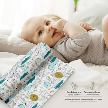 Interbaby bamboo muslin blanket for babies, 120 × 120 cm, 3 pcs, animals
