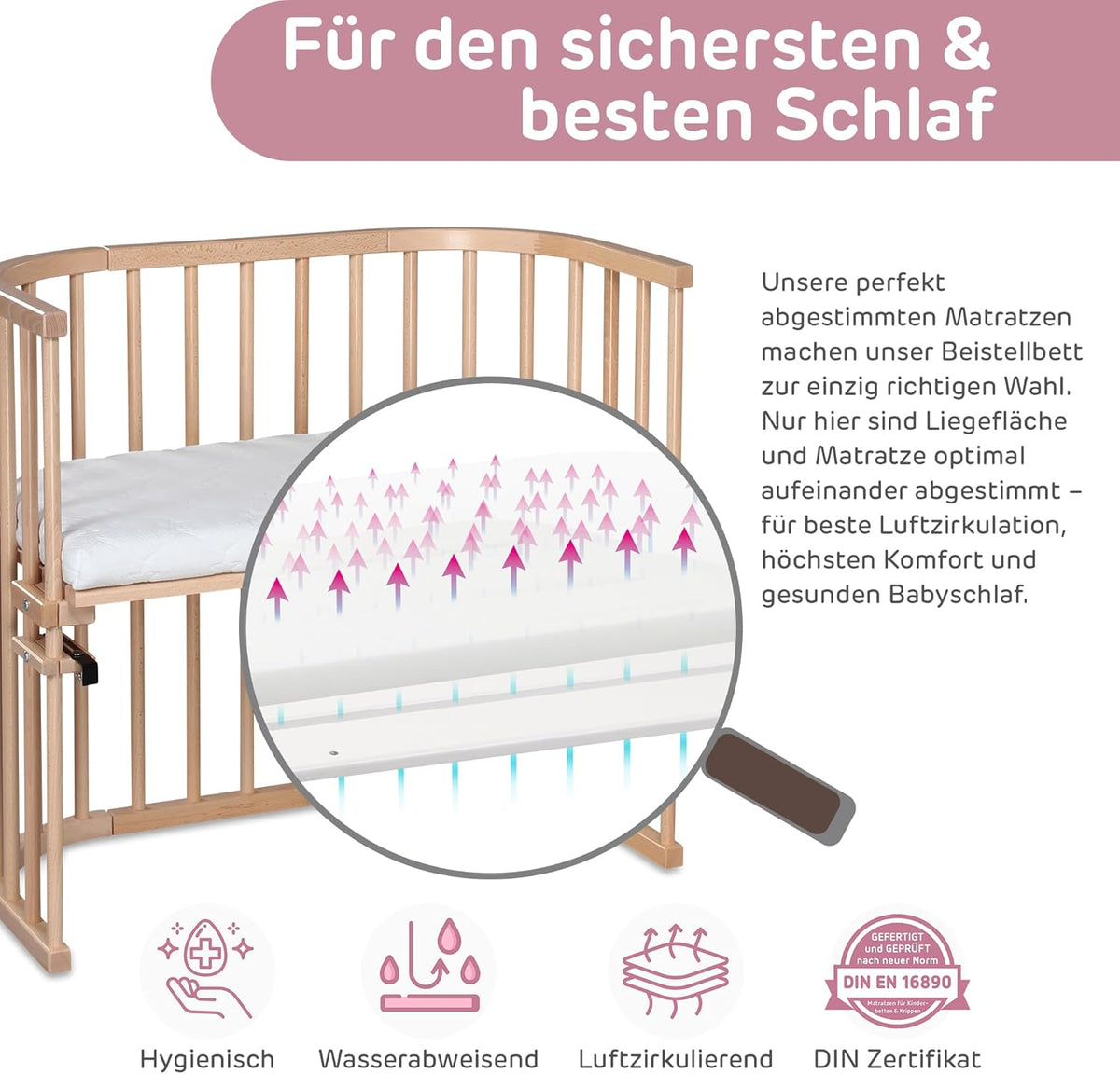 Babybay original beech wood bed pocket, adjustable height, wood