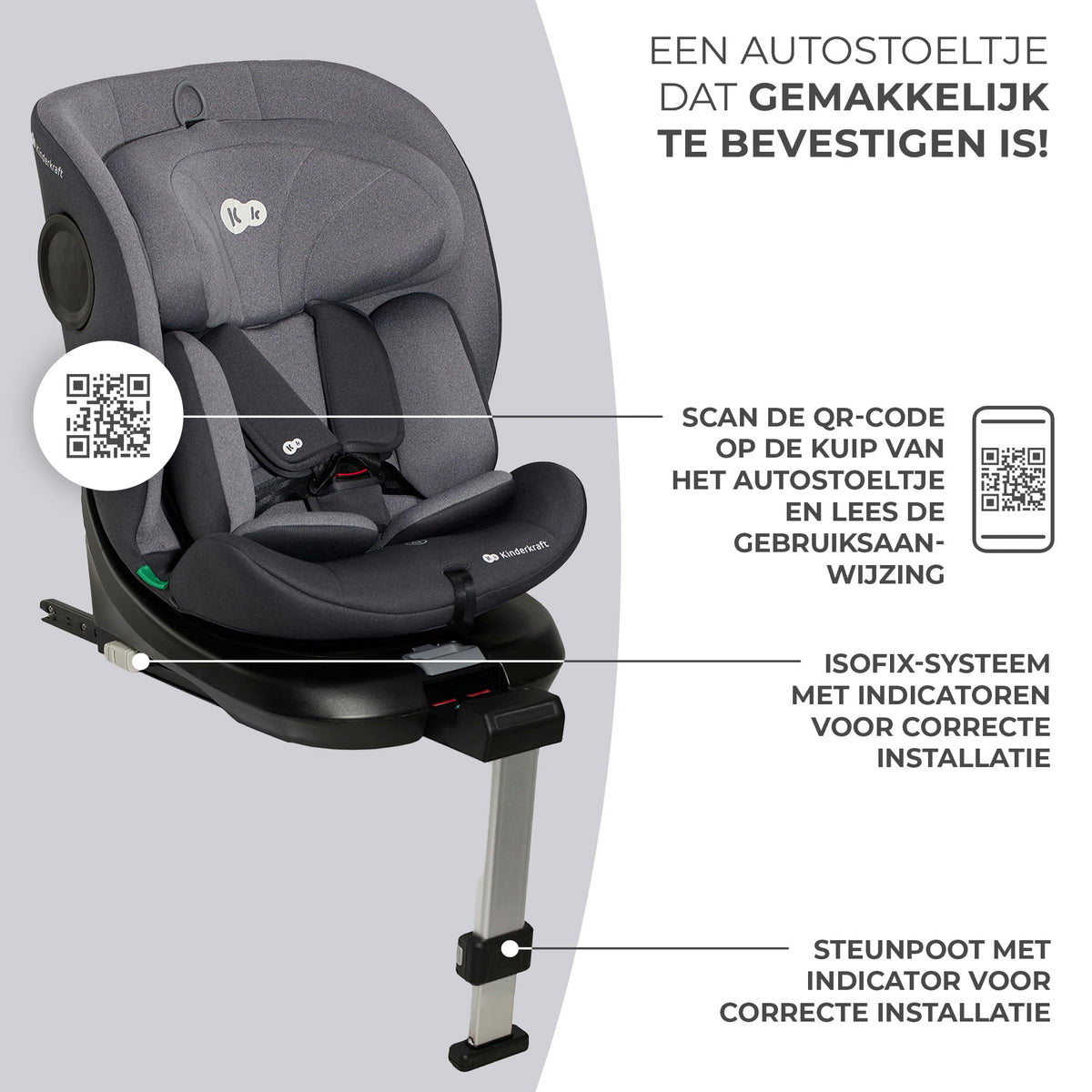 Kinderkraft I-360 i-Size rotating car seat 0–12 years (40–150 cm / 0–36 kg), ISOFIX, grey