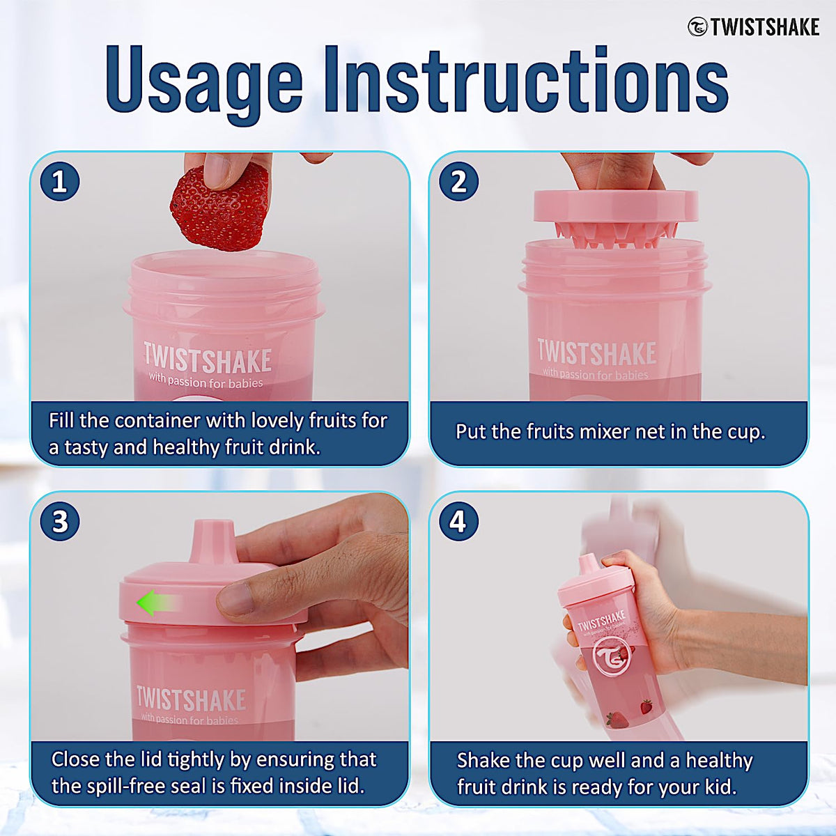 Twistshake Kid Cup lekkekindel joogipudel puuviljasegajaga 360 ml – roosa
