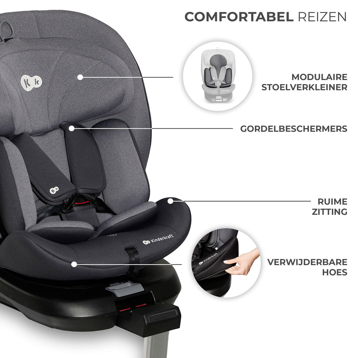 Kinderkraft I-360 i-Size rotating car seat 0–12 years (40–150 cm / 0–36 kg), ISOFIX, grey