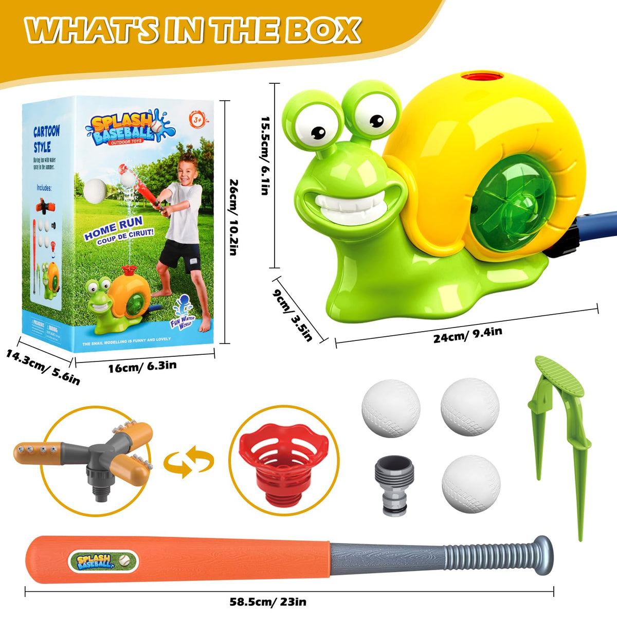 ROUSKY 2-in-1 kids water play and baseball set with caterpillar sprinkler
