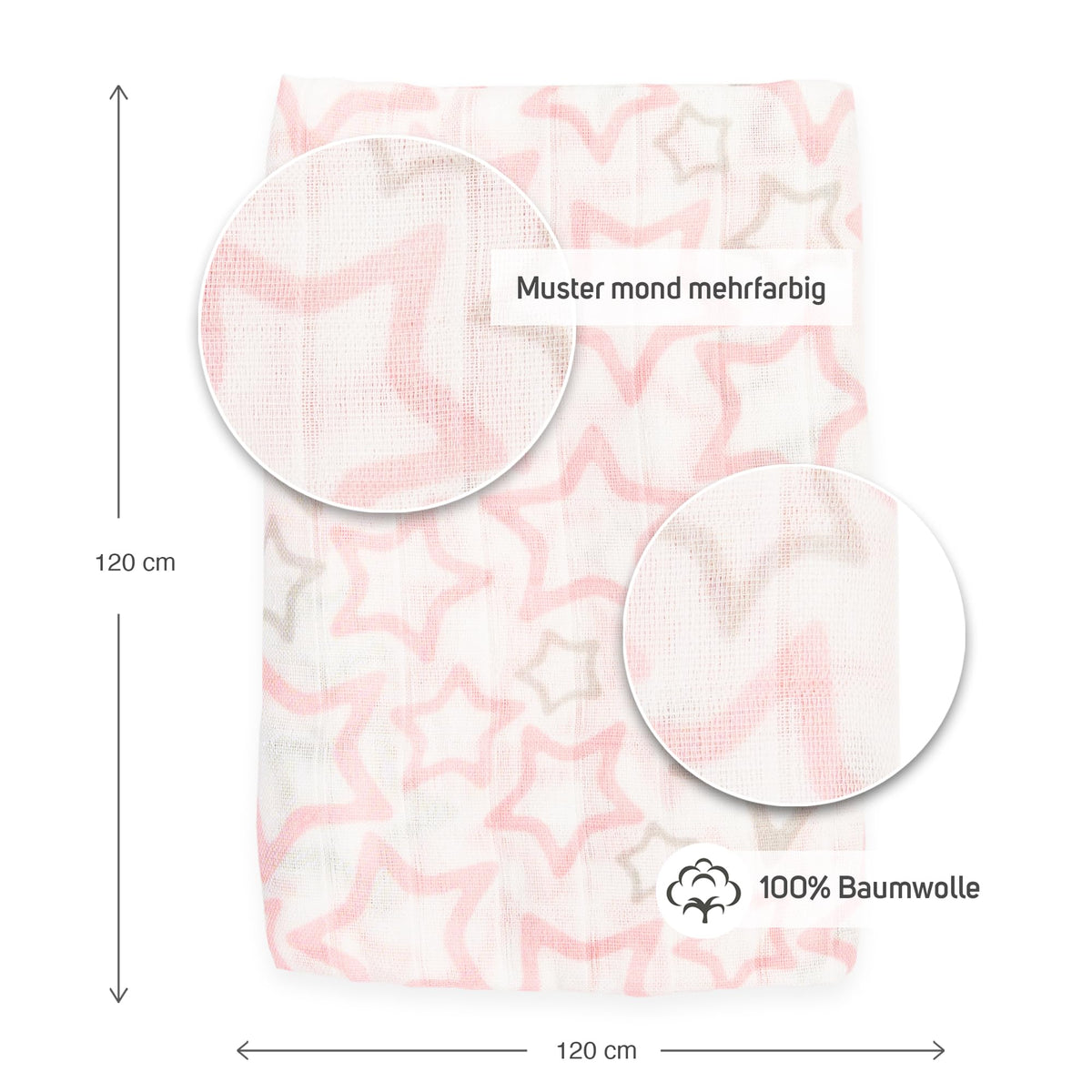 Ti TIN 100% puuvillane musliinlina, roosade tähtedega, 125×125 cm