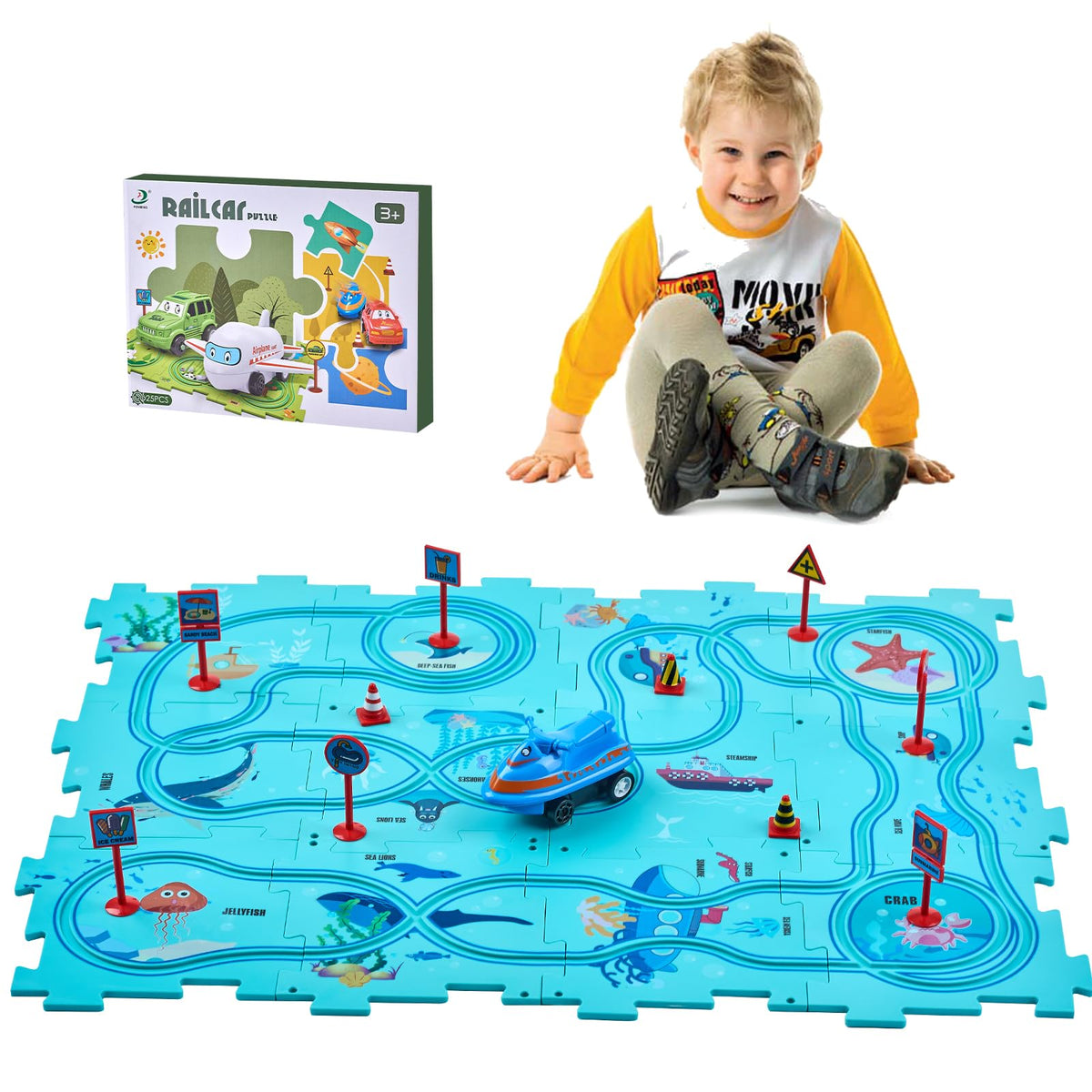 Goomp car puzzle game for children, logic and track game, ocean