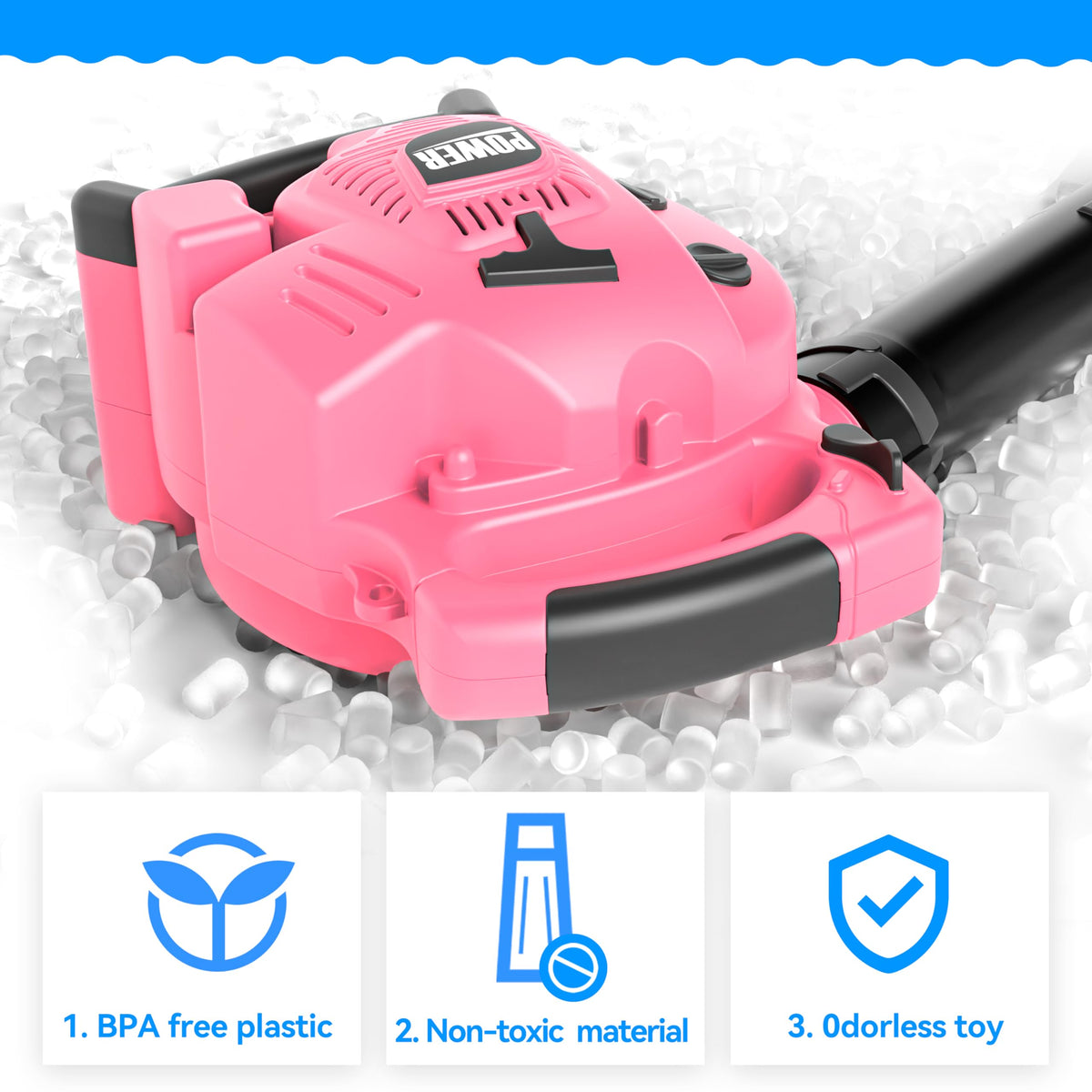 Toy Choi's children's garden tool set with pink leaf blower and accessories