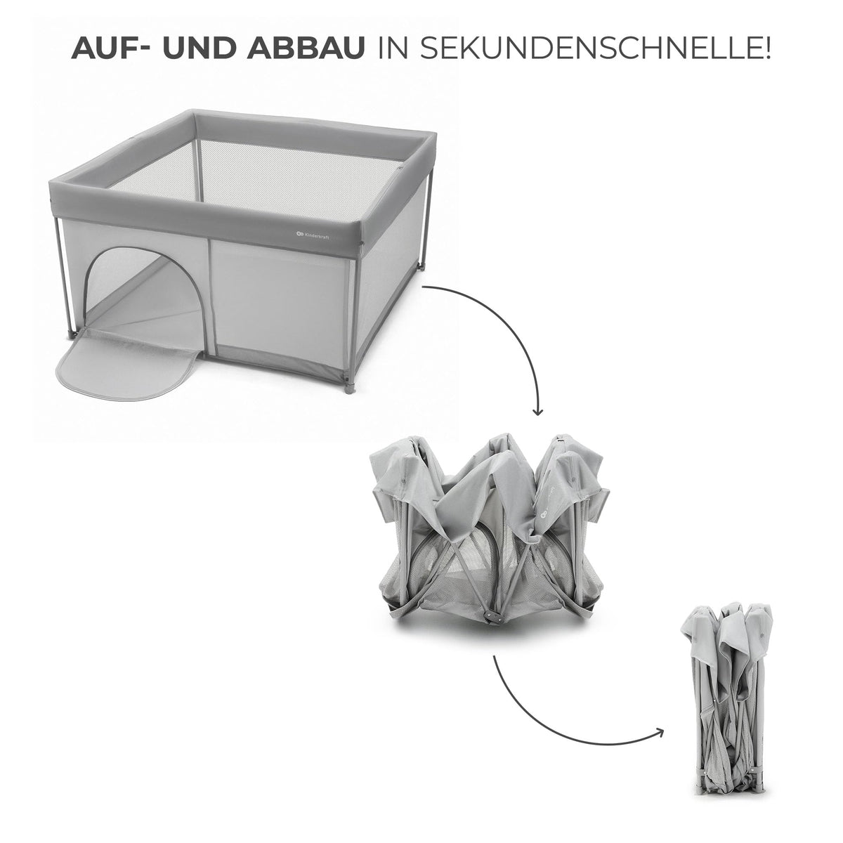 Kinderkraft ZIKI kokkupandav mänguaedik kandekotiga, hall (Grey), 126,5 × 126,5 cm