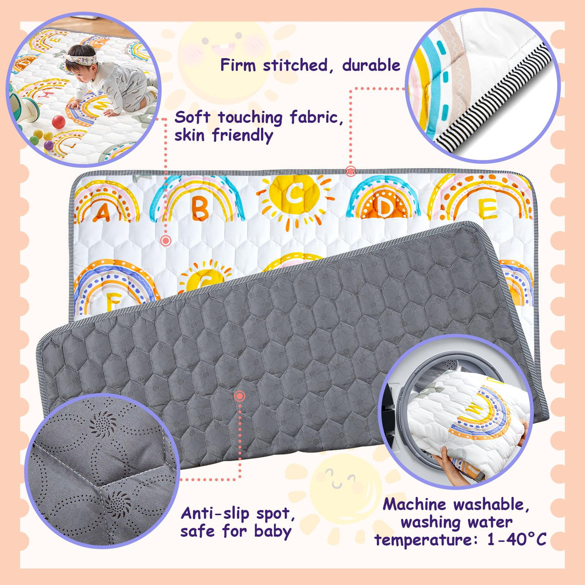 Funsland baby play mat, foldable, 127×127 cm, rainbow pattern