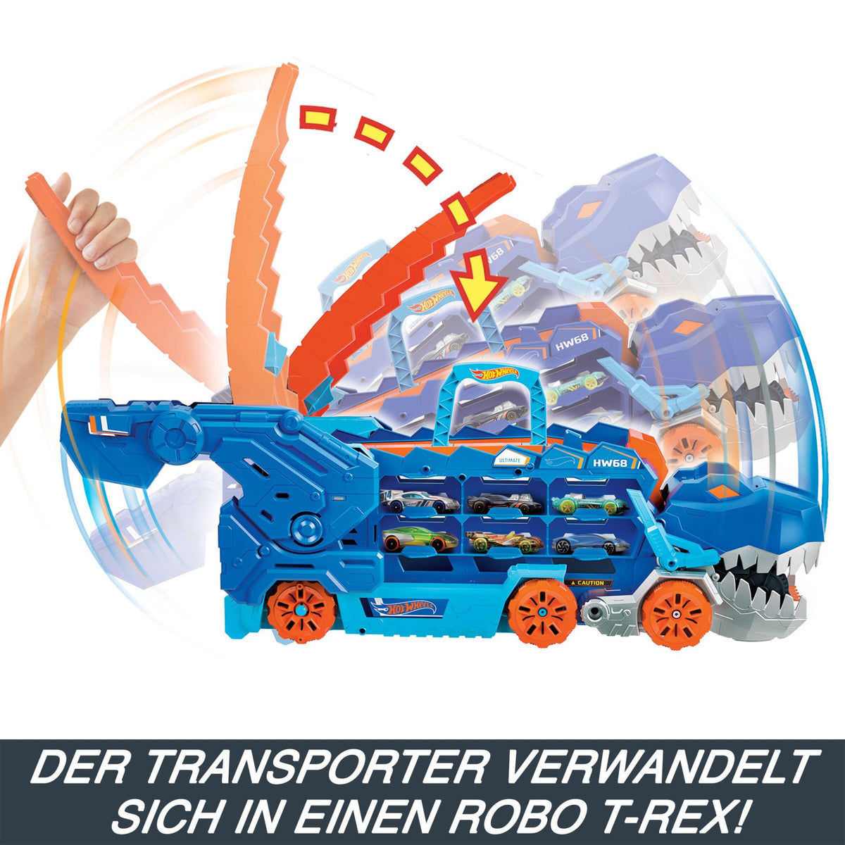 Hot Wheels City T-Rex treiler ja võidusõidurada, valguse ja heliefektidega