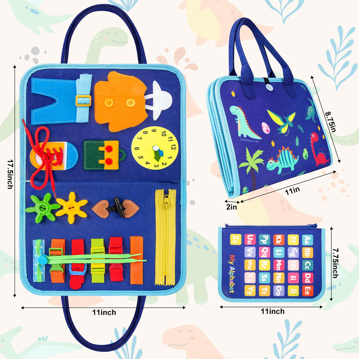 Montessori felt Busy Board sensory suitcase, 7 panels, for children 1–7 years, blue