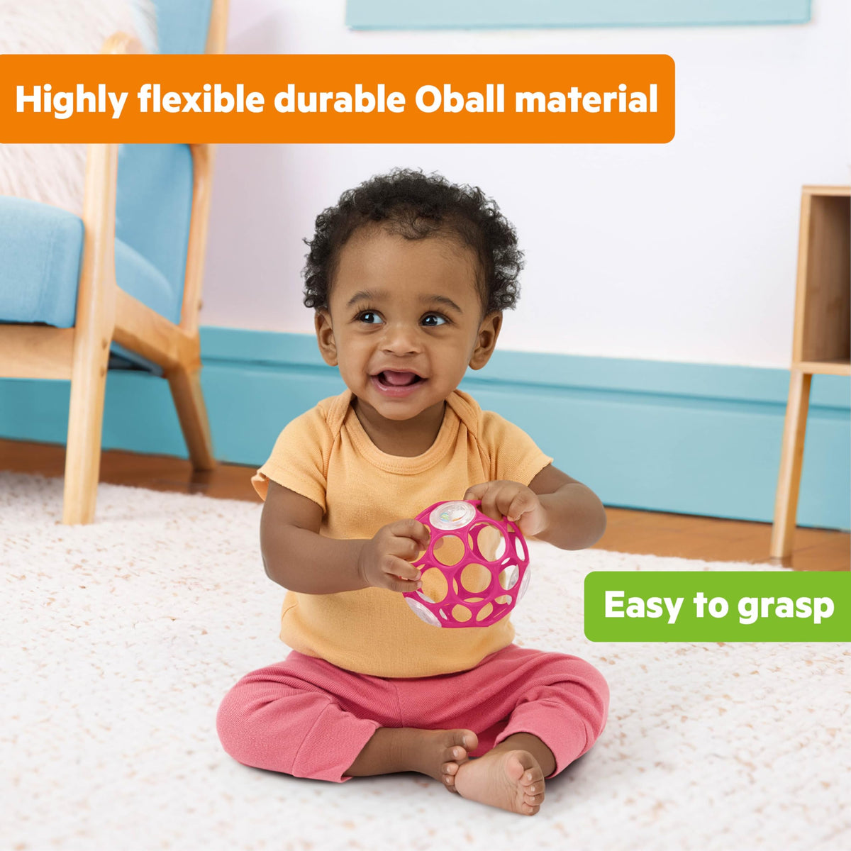 Bright Starts Oball Easy-Grasp kõristipall beebile, roosa