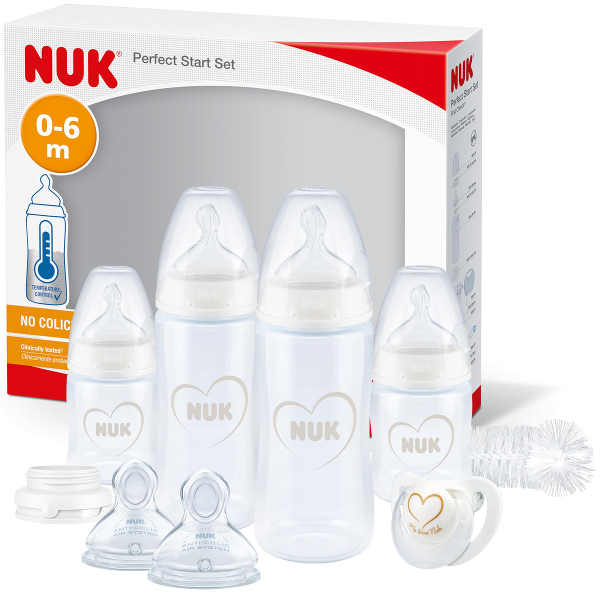NUK First Choice+ Perfect Start baby bottle set, 0–6 months, heart-shaped, white