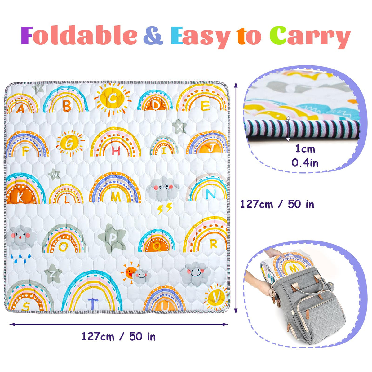 Funsland baby play mat, foldable, 127×127 cm, rainbow pattern