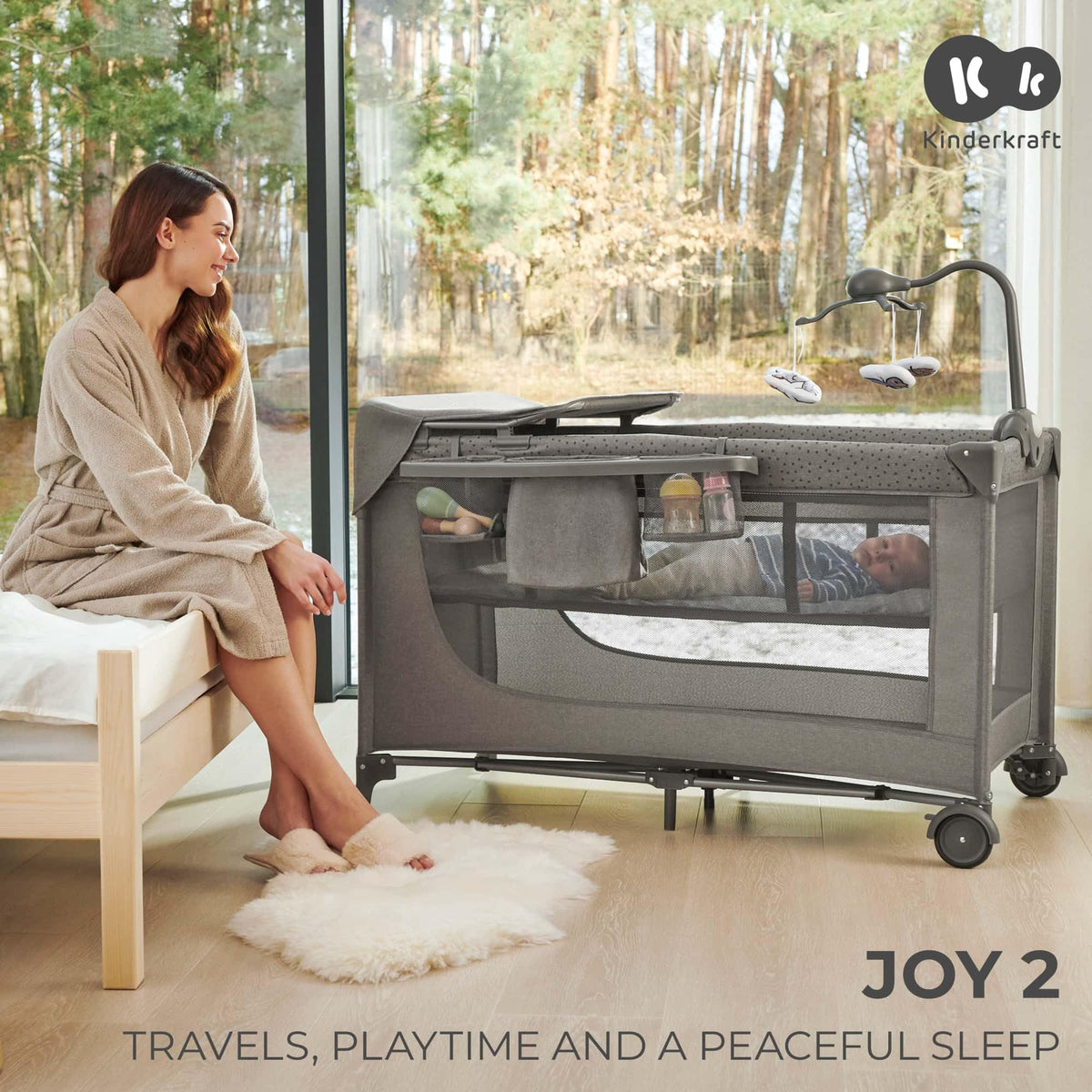Kinderkraft JOY 2 gray travel cot with accessories, up to 25 kg