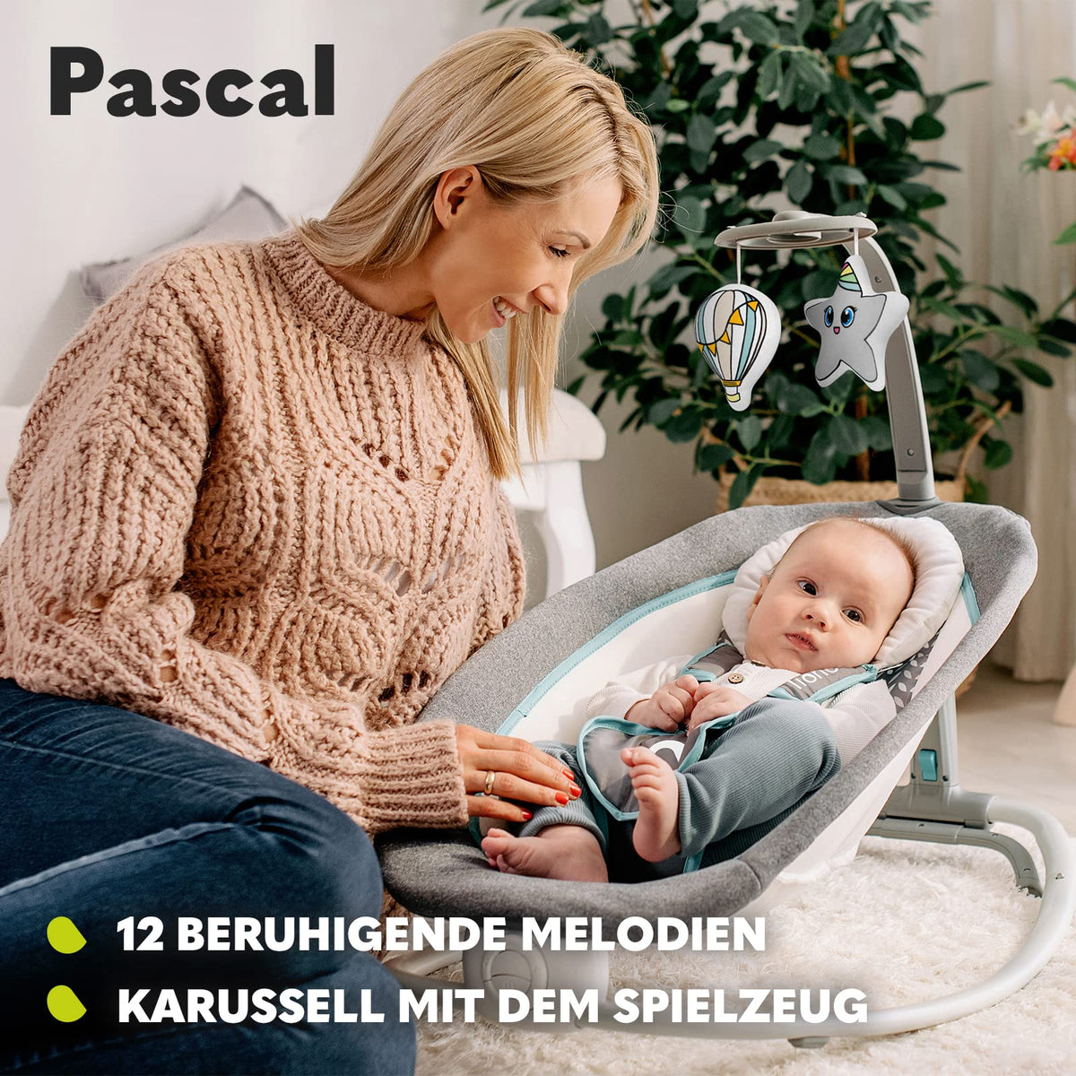 Lionelo Pascal vibrating baby swing-chair with melodies and play carousel, Grey Dove