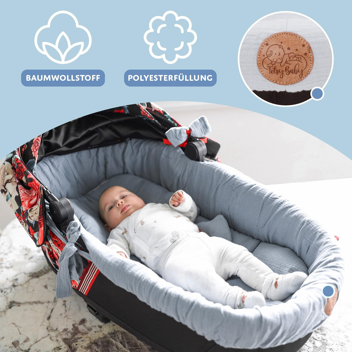 Totsy Baby muslin fabric stroller basket liner (3-piece set), gray