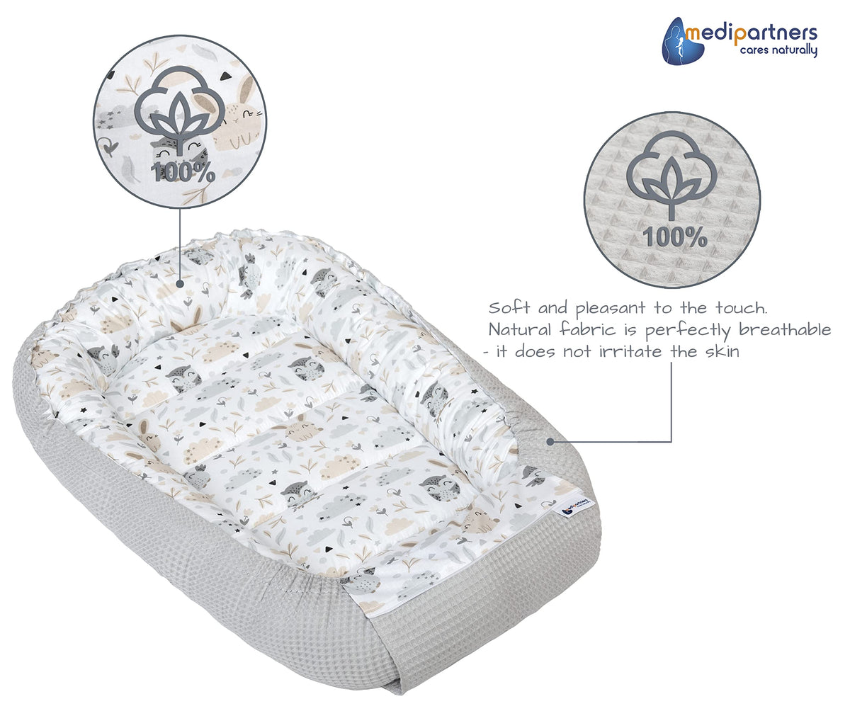 Medi Partners baby nest cocoon, 100×60×15 cm, reversible, cotton Waffle, grey