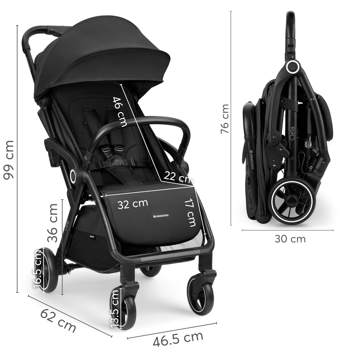 Kikka Boo CIELA kerge reisikäru, automaatne kokkupanek, 7,1 kg, must, kuni 22 kg