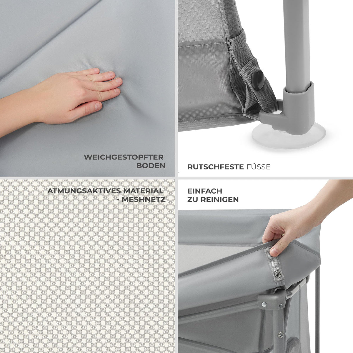 Kinderkraft ZIKI kokkupandav mänguaedik kandekotiga, hall (Grey), 126,5 × 126,5 cm