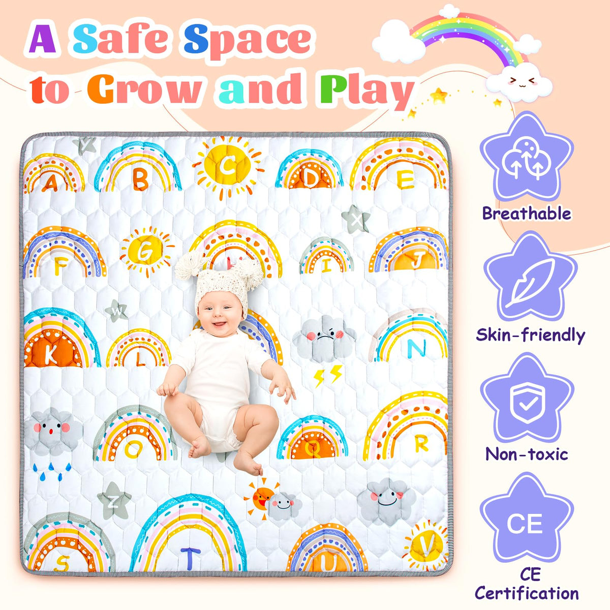 Funsland baby play mat, foldable, 127×127 cm, rainbow pattern