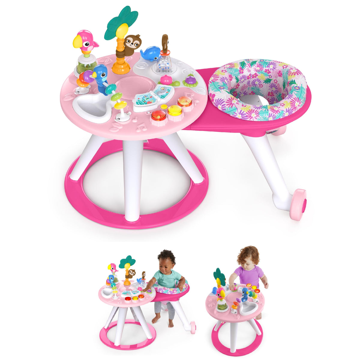 Bright Starts Around We Go Tropic Coral 2-in-1 play center and activity table, pink
