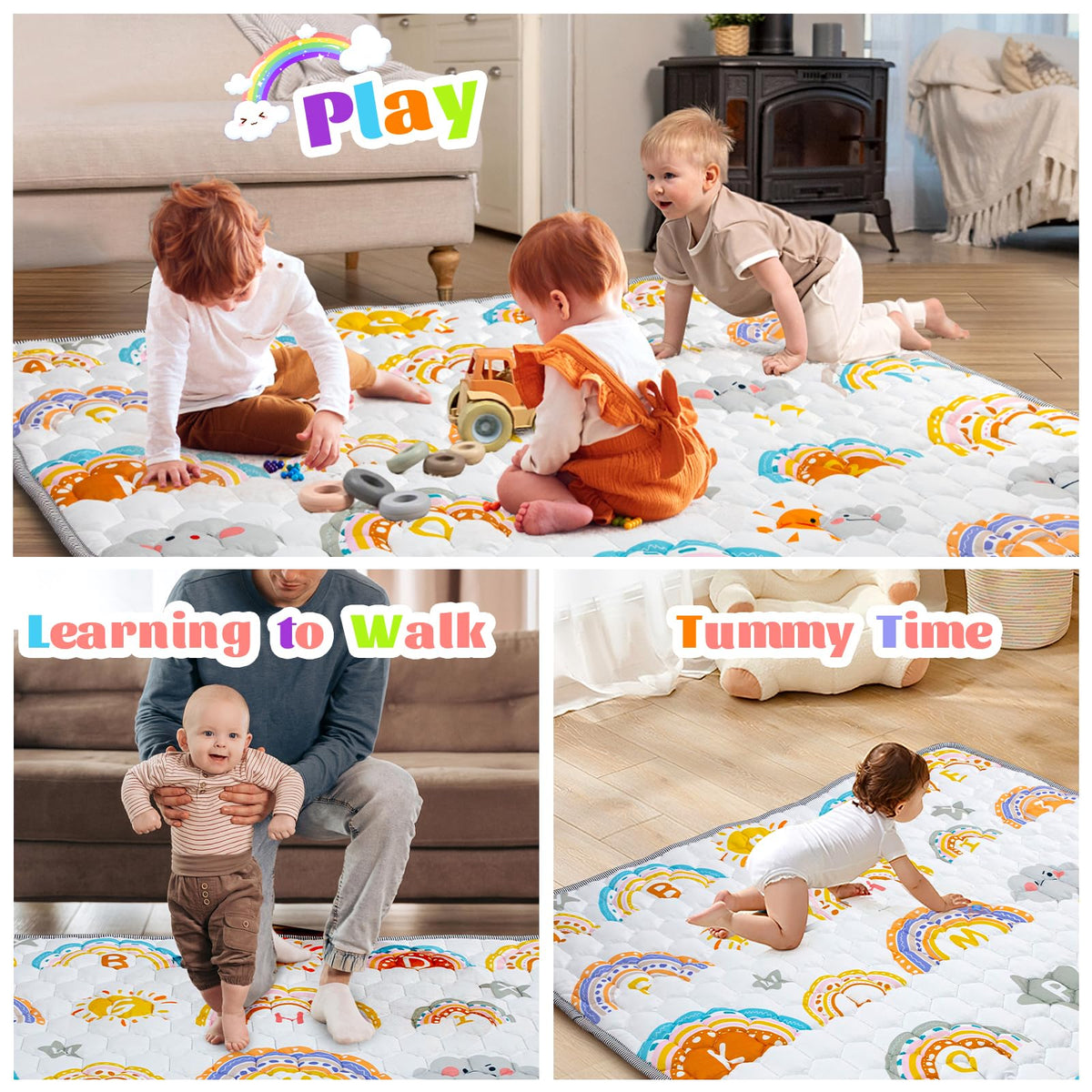 Funsland baby play mat, foldable, 127×127 cm, rainbow pattern
