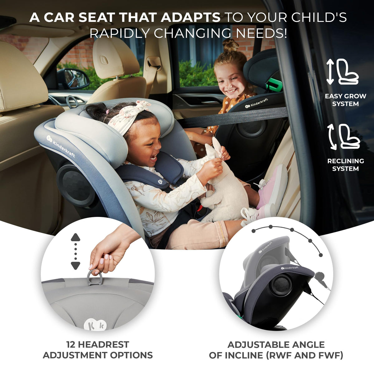 Kinderkraft I-Grow i-Size 360 rotating car seat 0–12 years (40–150 cm / 0–36 kg), grey