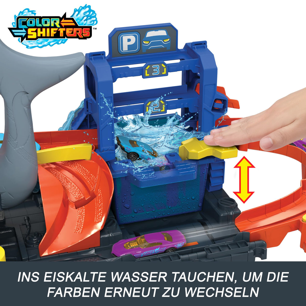 Hot Wheels City Let's Race – hai-teemaline värvimuutev autopesula, 1:64 auto ja veemängu funktsioonidega (HTN82)