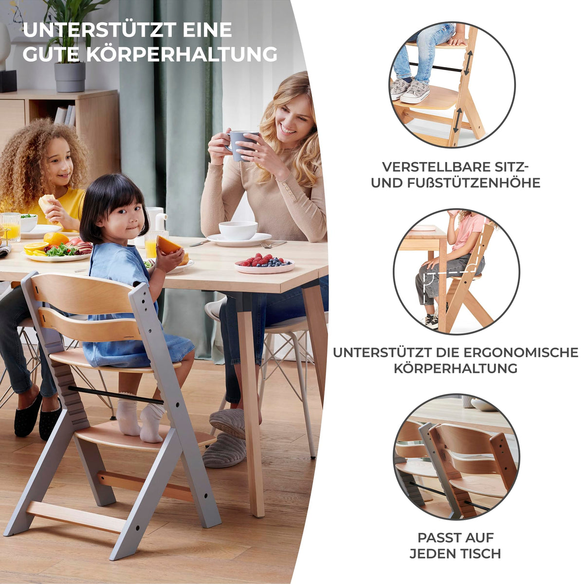 Kinderkraft ENOCK 3-ühes puidust söögitool istmepadjaga, hall