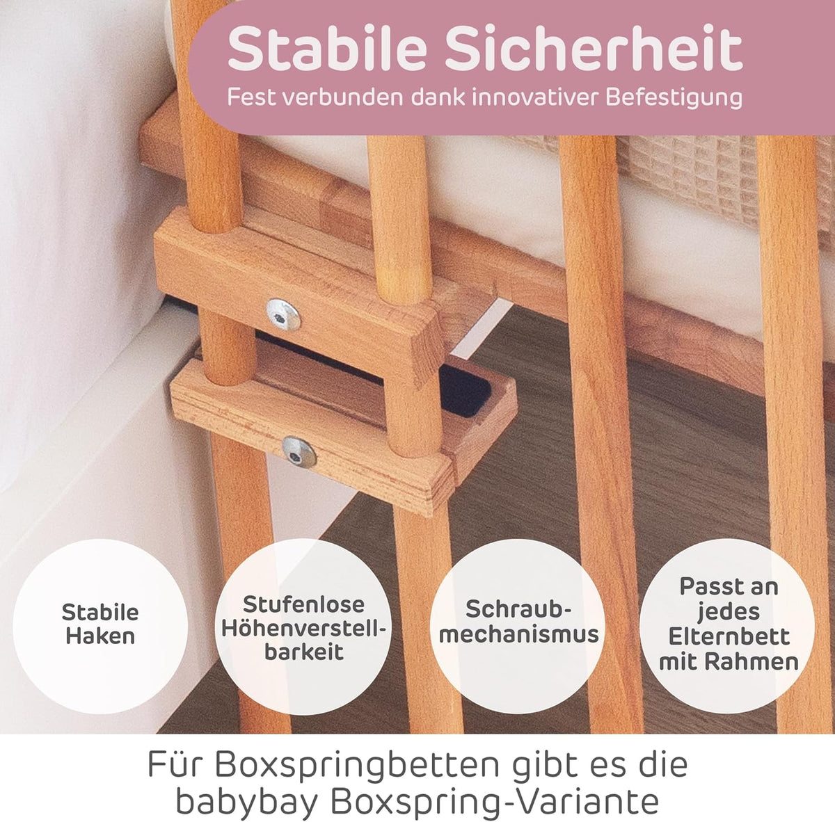 Babybay original beech wood bed pocket, adjustable height, wood