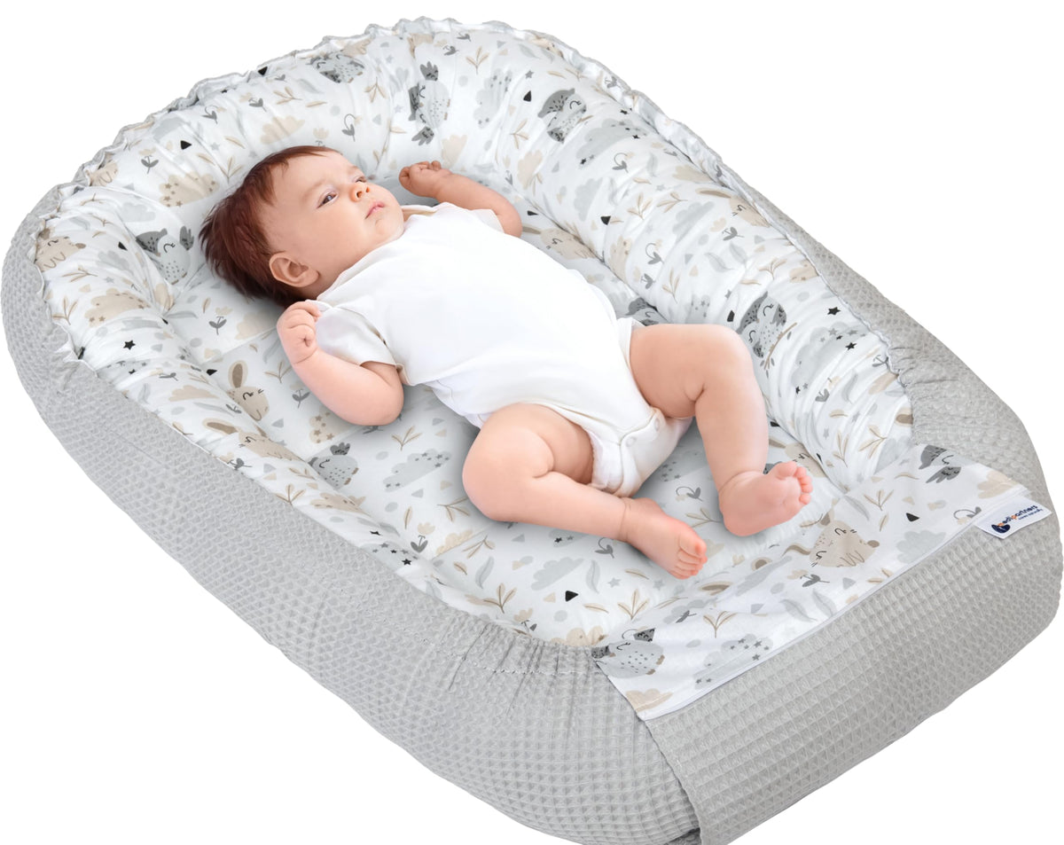 Medi Partners baby nest cocoon, 100×60×15 cm, reversible, cotton Waffle, grey