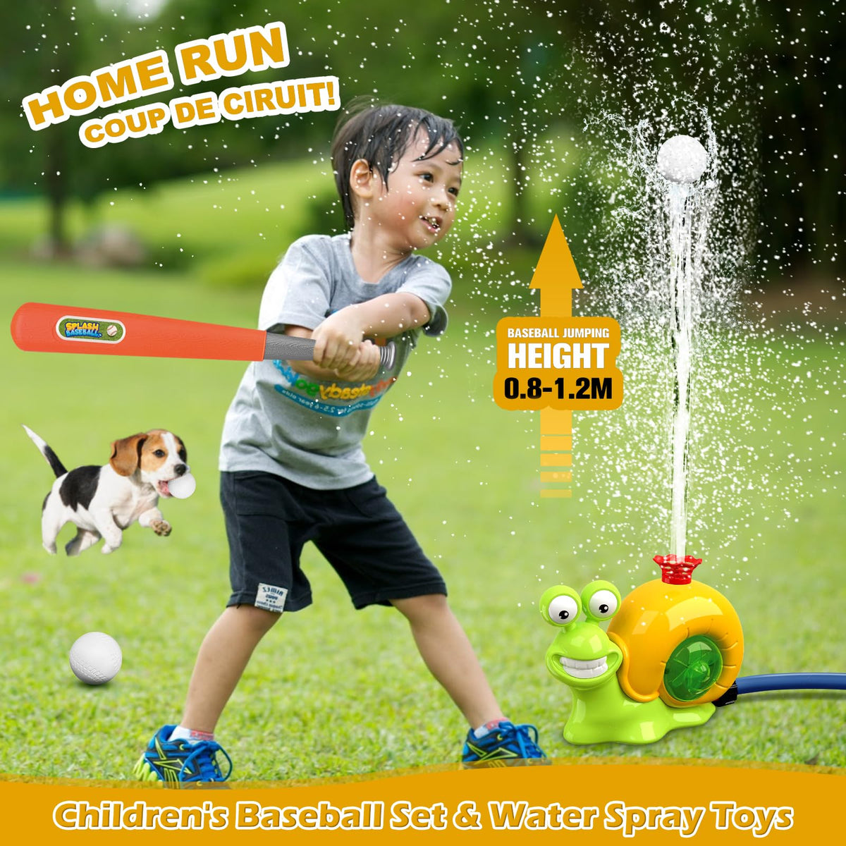 ROUSKY 2-in-1 kids water play and baseball set with caterpillar sprinkler