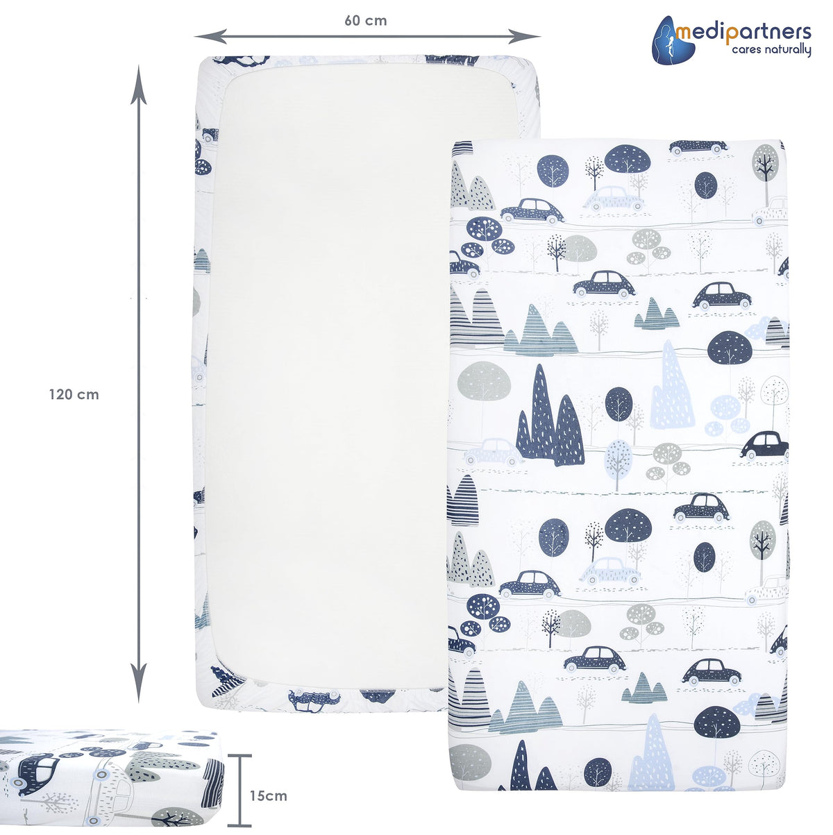 Medi Partners 3-piece baby crib sheet set, 60 × 120 cm, 100% cotton