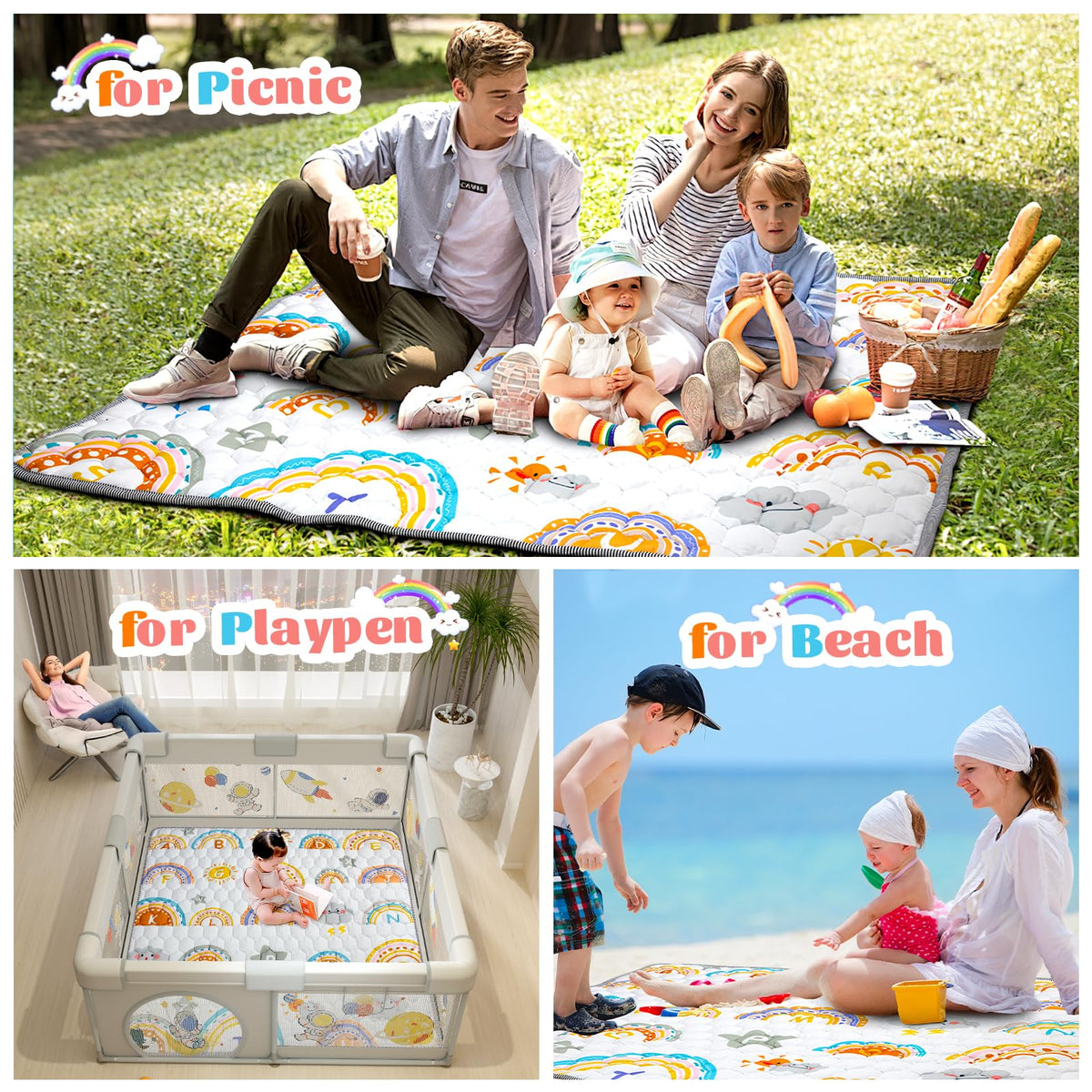 Funsland baby play mat, foldable, 127×127 cm, rainbow pattern