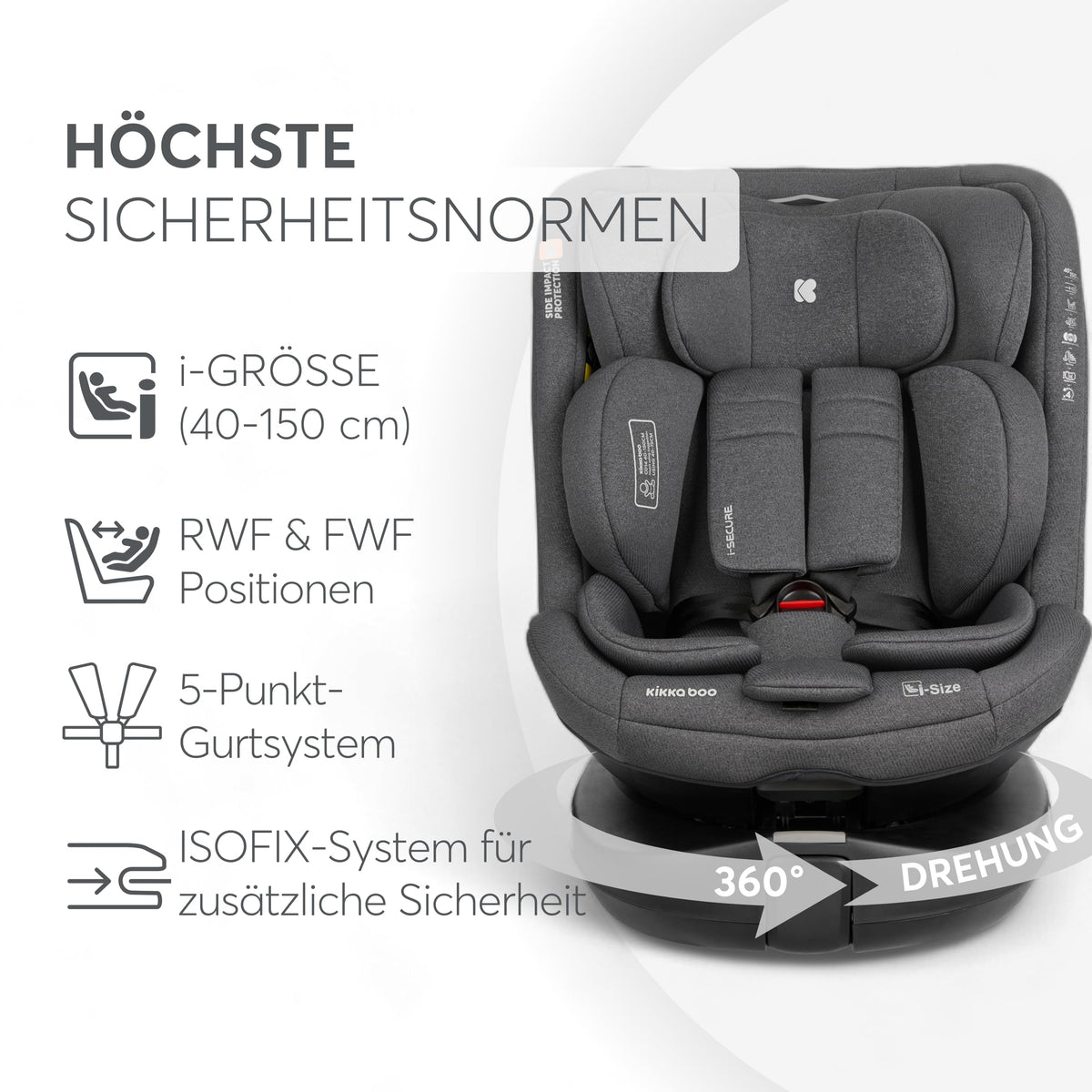 KikkaBoo i-SECURE 360° rotating car seat 0–36 kg / 40–150 cm, dark grey